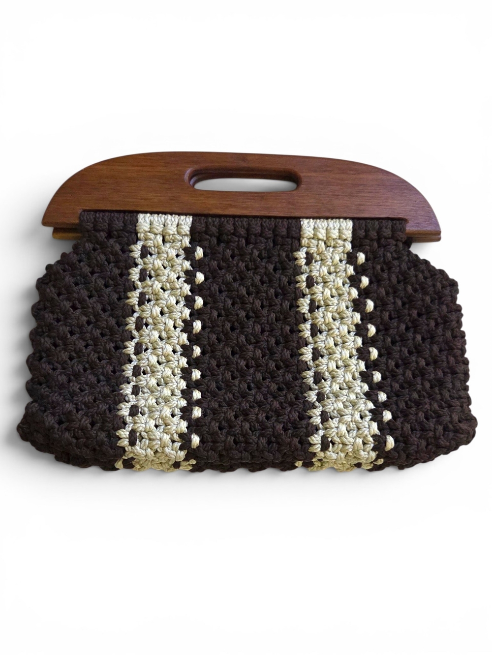 Vintage 70s Macrame Wood Handle Clutch Bag Boho Woven Knit Tote Knitting Bag EUC